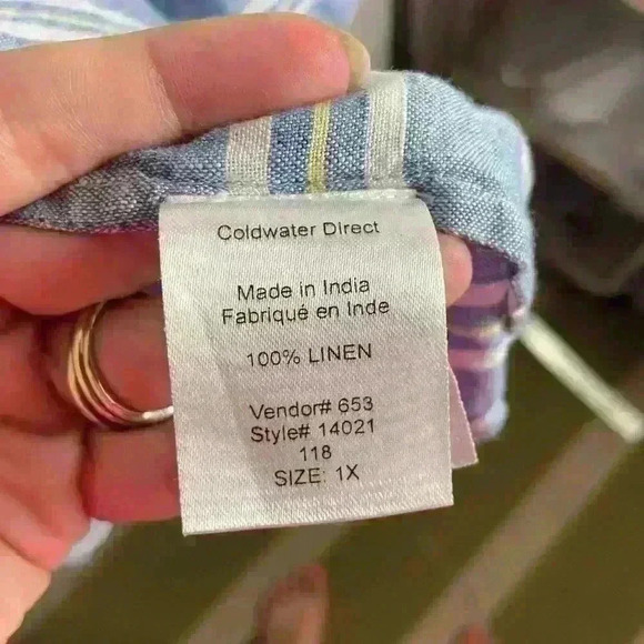 Coldwater Creek Size 1X Linen Button Down Shirt Stripes Costal Longsleeve Blue - Picture 3 of 7